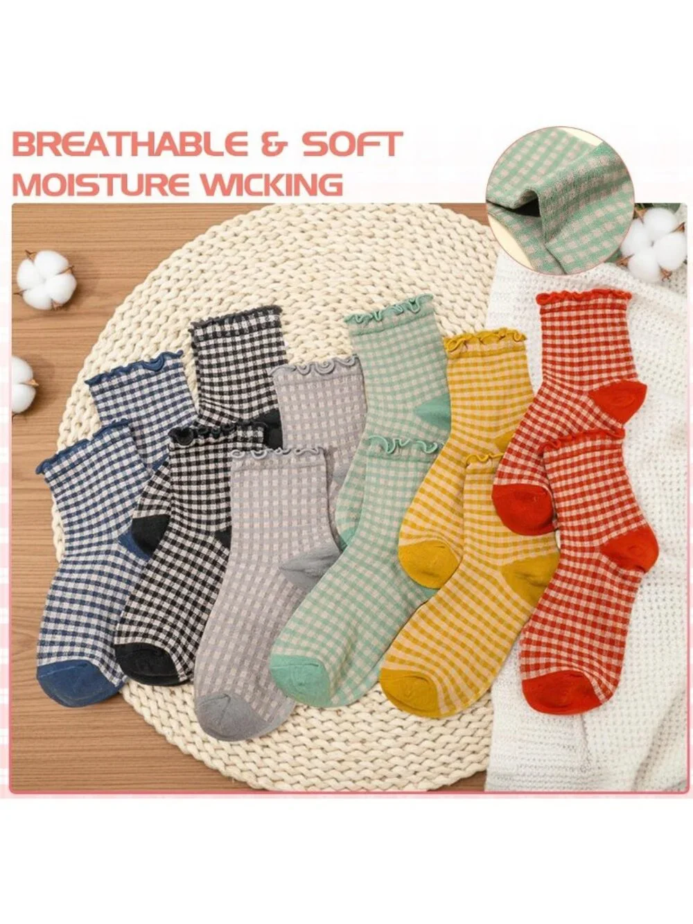 6 Pairs Cute Ruffle Striped Ankle Socks - Frilly Cotton Knit Casual Crew Socks